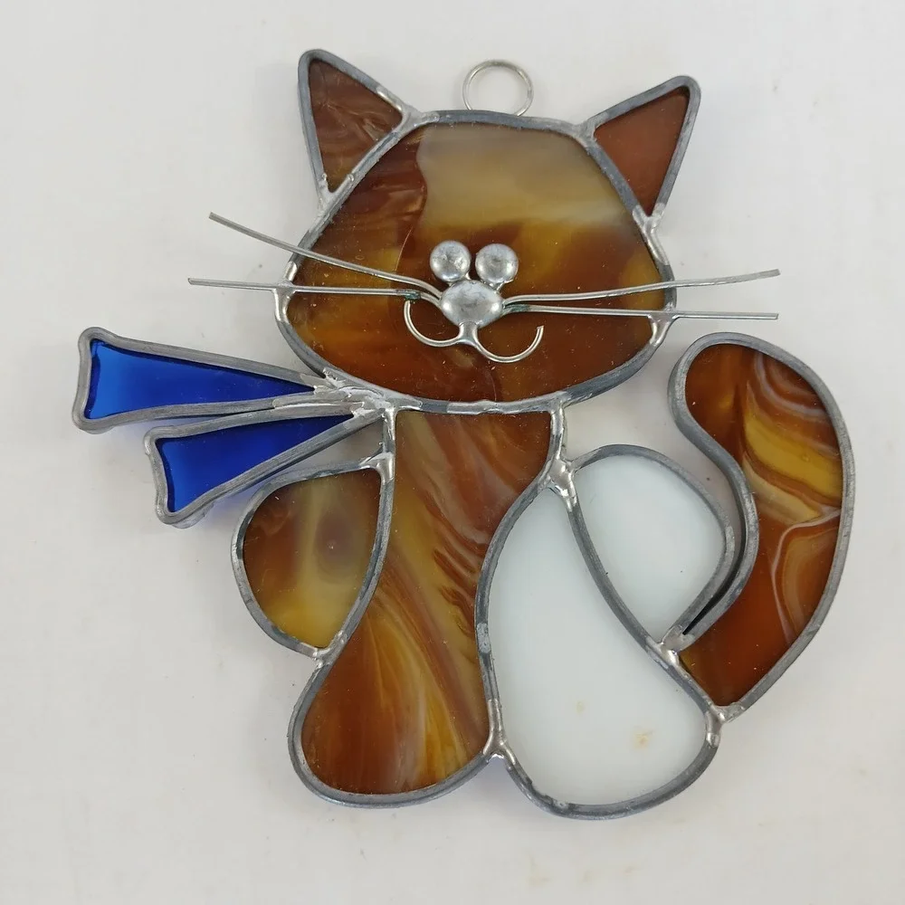Stained Glass Window Suncatcher Cat Brown White Blue Scarf Hanging Handmade